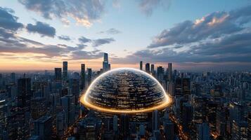 A futuristic city with a sphere in the middle photo