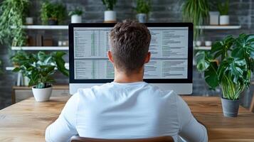 A man sitting at a desk with a computer screen showing a list of tasks photo