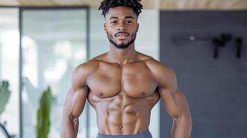 A man with a muscular body standing in a gym photo