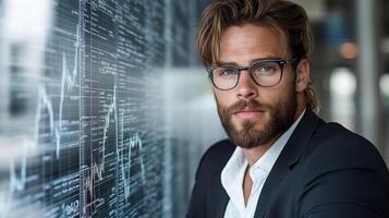 A man with glasses and a beard is looking at a computer screen photo