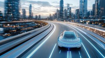A futuristic car driving on a highway with city lights photo