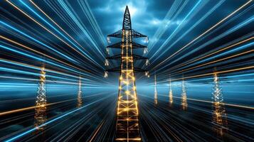 High voltage power lines in the dark with light trails photo