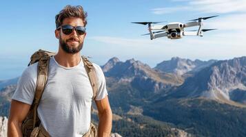 A man with a backpack and sunglasses is standing in front of a drone photo