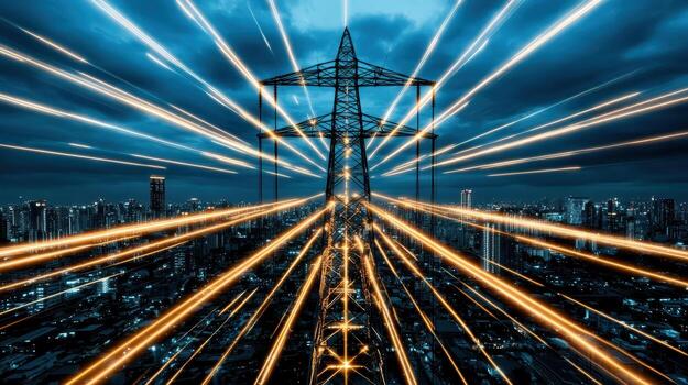 un resumen imagen de un poder línea y ciudad luces foto