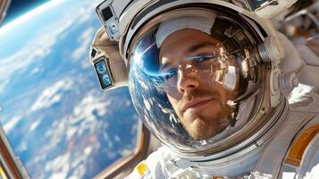 Astronaut in space suit looking at earth photo