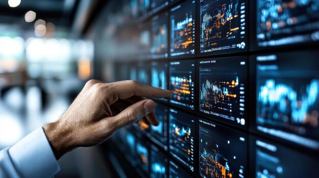 A person is touching a screen with a lot of data photo