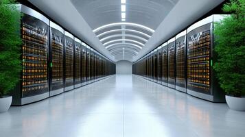 A long hallway with rows of servers and plants photo