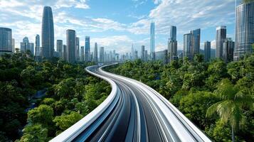 A highway in the middle of a city with tall buildings photo