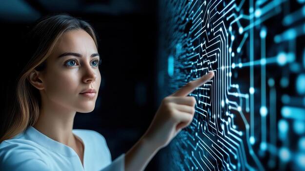 A woman touching a digital interface photo