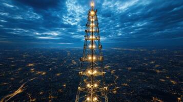 An aerial view of a tower with lights on it photo