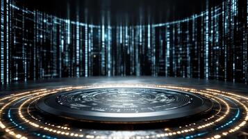 A futuristic digital clock in front of a digital background photo