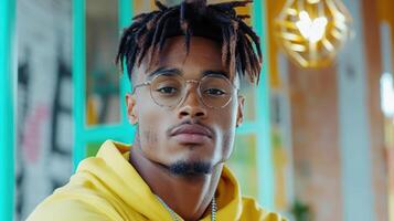 A man with dreadlocks wearing glasses and a yellow hoodie photo