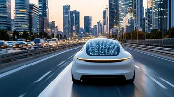 A futuristic car driving on the road with city lights in the background photo