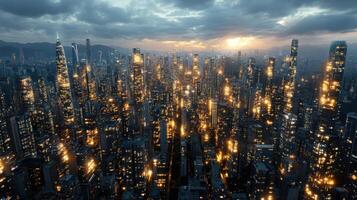A city with many tall buildings at night photo