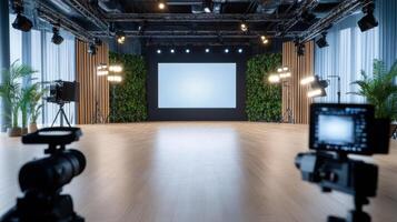 A large empty room with a screen and a camera photo