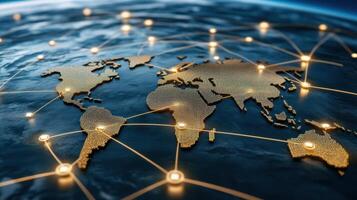 The world map with connected networks photo