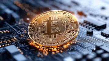 Bitcoin on circuit board with light photo