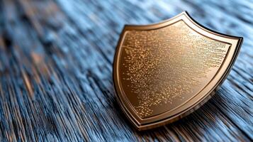 A golden shield on a wooden table photo