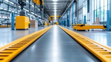 A long conveyor belt in a factory with yellow lines photo
