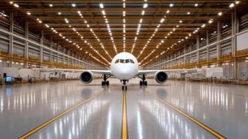 An airplane sitting in a large hangar photo