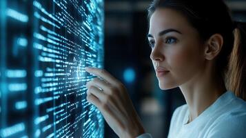 Young woman interacting with digital data display, focused and engaged photo