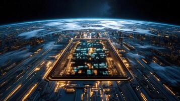 A computer chip is shown in front of the earth photo