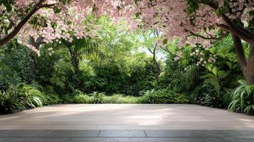 serene garden scene with blooming cherry trees and lush greenery photo