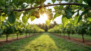serene orchard with tree full of plums and soft sunlight shining through photo