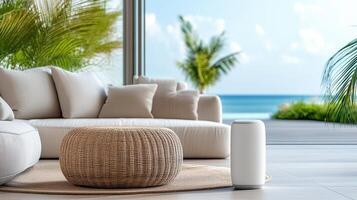 modern living room with cozy sofa and smart device by ocean photo