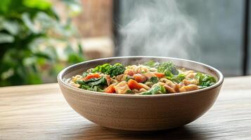 steaming bowl of vegetable soup with fresh ingredients and vibrant colors photo