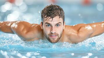 swimmer performing backstroke with focused eyes in pool photo