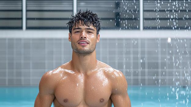 swimmer taking deep breath before diving into pool, water splashing around him photo