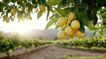 serene orchard with ripe lemons hanging from branches, bathed in sunlight photo