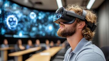 student using virtual reality technology in modern classroom setting photo