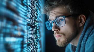 focused web developer analyzing code on digital screen photo