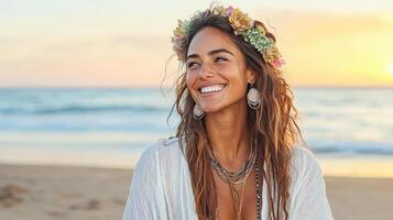 Smiling woman with flower crown on beach at sunset, radiating joy photo