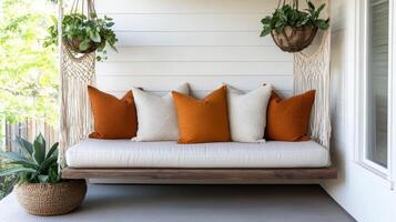cozy bohemian style reading nook with hanging plants and cushions photo