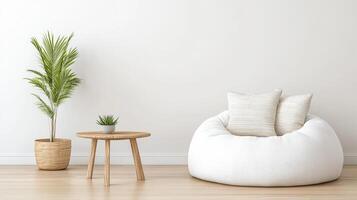 cozy living room corner featuring bean bag, small table, and plants photo