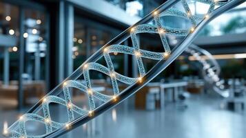 cutting edge biotechnology lab featuring glowing DNA strand, showcasing innovation and research photo