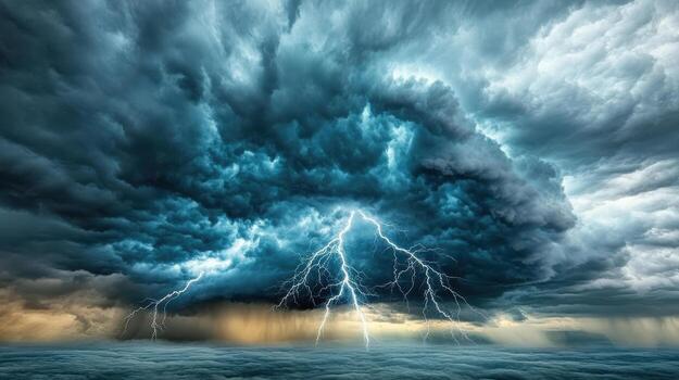 Dramatic thunderstorm with lightning illuminating dark clouds above photo