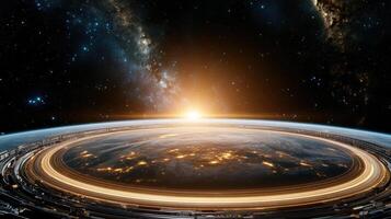 futuristic space station orbits gas giant, illuminated by glowing sunrise photo