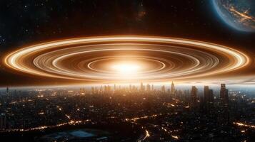 futuristic cityscape illuminated by massive gas giant with rings photo