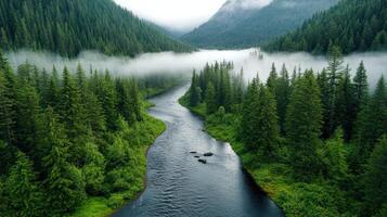 serene forest river flows through dense fog, creating eerie yet peaceful atmosphere photo