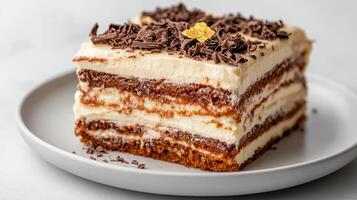 Layered opera cake with chocolate glaze and creamy filling, perfect for dessert lovers photo