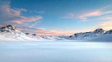 serene frozen tundra landscape with icy plains and distant mountains photo
