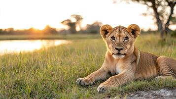 Majestic lion cub resting in tall grass during sunset, serene atmosphere photo