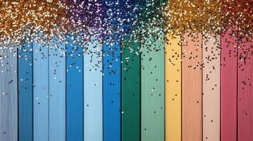 vibrant macro shot of sparkling glitter on colorful wooden planks photo