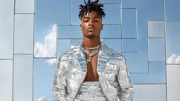 model in shiny metallic jumpsuit poses confidently against reflective background photo
