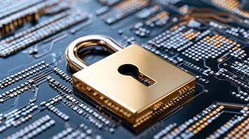 digital padlock icon symbolizes security on circuit board background photo