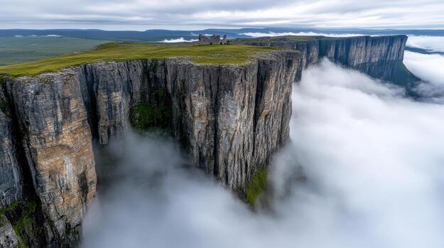 breathtaking cliffside view with castle above clouds photo